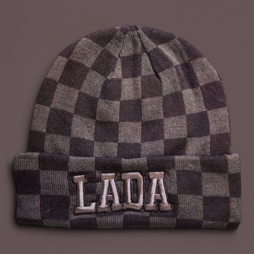 LADA kötött visszahajtott sapka, kockás szürke